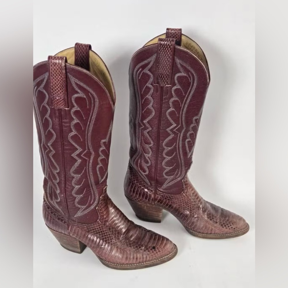 Womens Size 6 Burgundy Leather Snake Skin Boots by Tony Leather In Thailand
